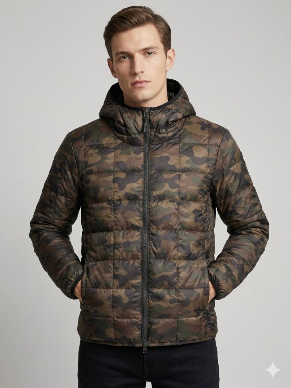 NWT TAION Unisex Basic Hooded Down Jacket - Regular Camo | 800-Fill | Size Small